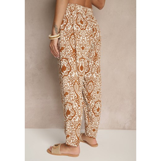 Brązowe Wiskozowe Spodnie High Waist Zdobione Ornamentalnym Printem Jenavitha Renee M okazja renee.pl