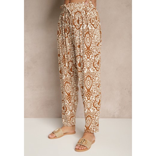 Brązowe Wiskozowe Spodnie High Waist Zdobione Ornamentalnym Printem Jenavitha Renee M okazja renee.pl