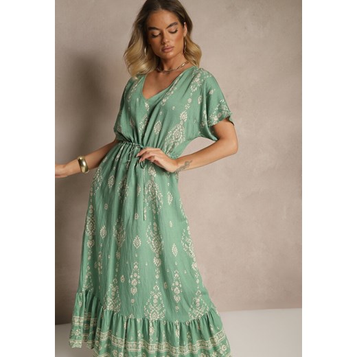 Zielona Rozkloszowana Sukienka z Falbanką w Print Boho z Wiskozą Tunova ze sklepu renee.pl w kategorii Sukienki - zdjęcie 179965009