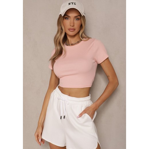 Różowy T-shirt z Bawełny z Prążkowanego Materiału Aszedi ze sklepu renee.pl w kategorii Bluzki damskie - zdjęcie 179965129