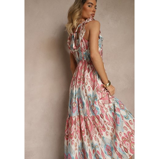 Różowa Sukienka Rozkloszowana Wiskozowa Wiązana na Plecach we Wzór Boho Turieza ze sklepu renee.pl w kategorii Sukienki - zdjęcie 179965269