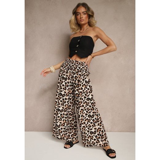 Czarno-Beżowe Panterkowe Spodnie z Wiskozy High Waist Ellilune ze sklepu renee.pl w kategorii Spodnie damskie - zdjęcie 179965428