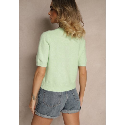 Zielony Sweter z Wełną Krótkim Rękawem Ozdobiony Ściągaczami Emiralin Renee ONE SIZE renee.pl promocja