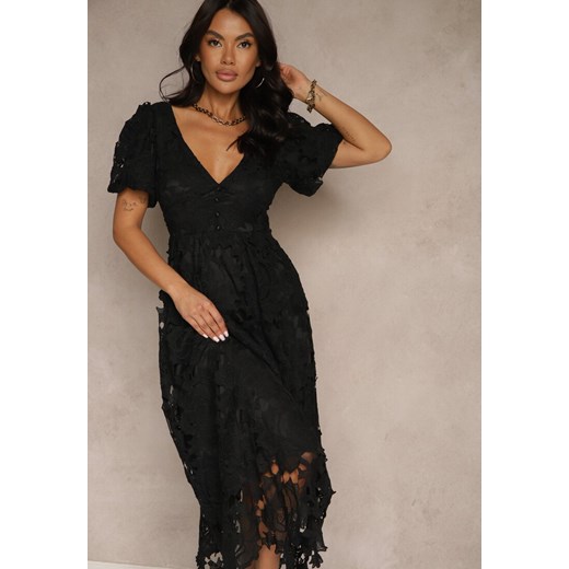 Czarna Koronkowa Sukienka Koktajlowa z Głębokim Trójkątnym Dekoltem Wrenna Renee M wyprzedaż renee.pl