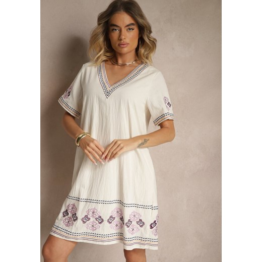 Fioletowa Pudełkowa Sukienka z Bawełny w Hafty w Stylu Boho Felkio ze sklepu renee.pl w kategorii Sukienki - zdjęcie 179967679