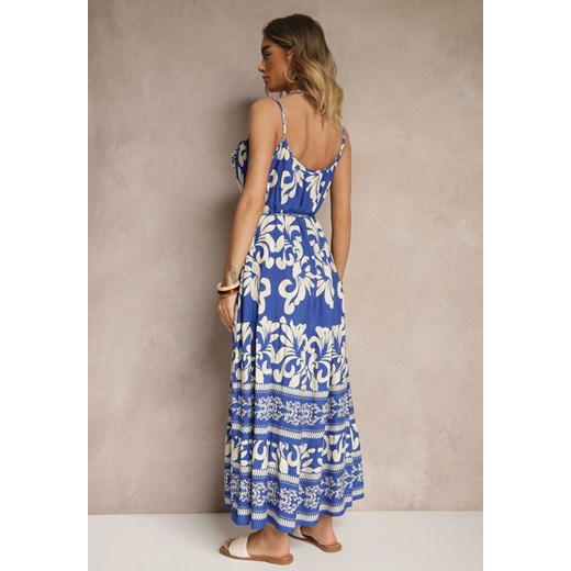 Niebieska Rozkloszowana Sukienka z Wiskozy Zdobiona Broszką i Wiązaniem Renee L okazyjna cena renee.pl