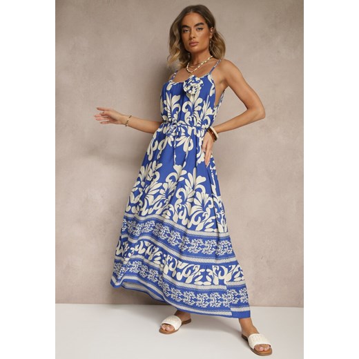 Niebieska Rozkloszowana Sukienka z Wiskozy Zdobiona Broszką i Wiązaniem Renee M okazja renee.pl