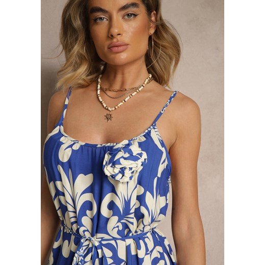 Niebieska Rozkloszowana Sukienka z Wiskozy Zdobiona Broszką i Wiązaniem Renee M wyprzedaż renee.pl