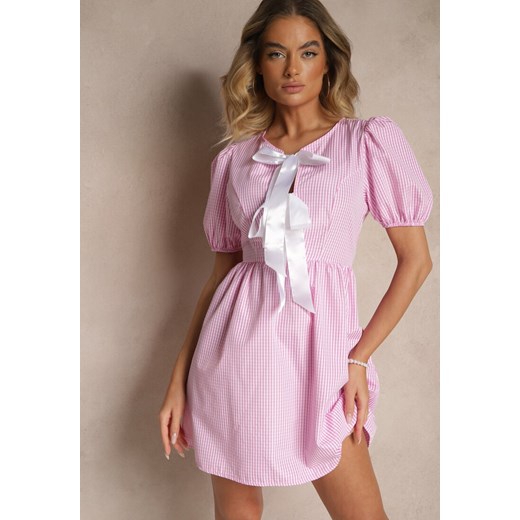 Różowa Retro Sukienka w Kratkę Vichy o Rozkloszowanym Kroju z Wiązaniem Temarea ze sklepu renee.pl w kategorii Sukienki - zdjęcie 179967799