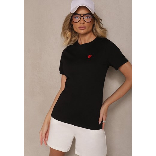Czarny Bawełniany T-shirt z Ozdobną Naszywką w Kształcie Serca Viklara ze sklepu renee.pl w kategorii Bluzki damskie - zdjęcie 179968796