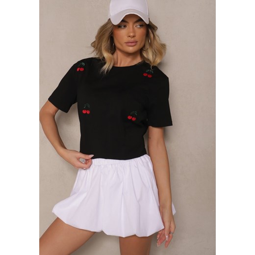 Czarny T-shirt z Bawełny z Haftowanymi Detalami w Wiśnie Nevianeva ze sklepu renee.pl w kategorii Bluzki damskie - zdjęcie 179968918