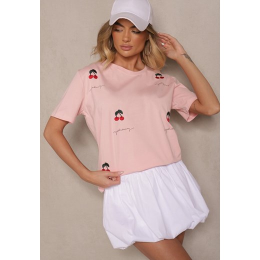 Różowy T-shirt z Bawełny z Haftowanymi Detalami w Wiśnie Nevianeva ze sklepu renee.pl w kategorii Bluzki damskie - zdjęcie 179968928