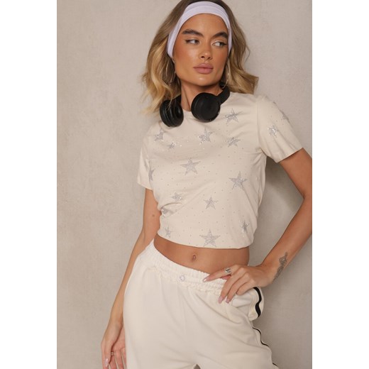 Beżowy T-shirt z Bawełny Zdobiony Gwiazdkami z Cyrkonii Tenenisa ze sklepu renee.pl w kategorii Bluzki damskie - zdjęcie 179968958