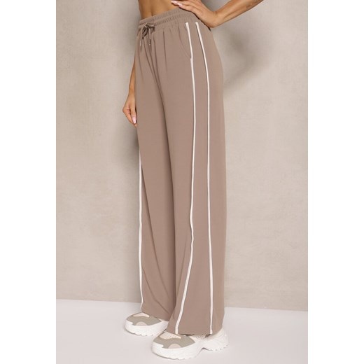 Brązowe Szerokie Spodnie Dresowe High Waist Zdobione Lampasami Sopaline Renee L okazyjna cena renee.pl