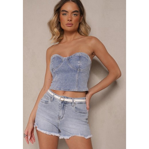 Jasnoniebieskie Jeansowe Szorty Regular Waist Zdobione Przetarciami Tenirra ze sklepu renee.pl w kategorii Szorty - zdjęcie 179969366