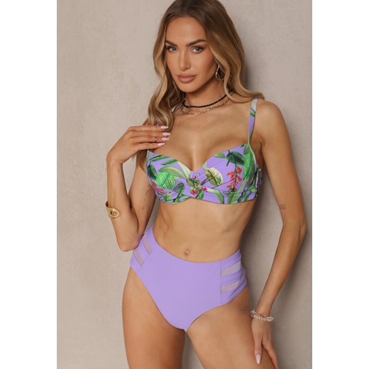 Fioletowe Bikini Biustonosz w Liście i Majtki Figi z Siateczkowymi Wstawkami Kinalea ze sklepu renee.pl w kategorii Stroje kąpielowe - zdjęcie 179969408