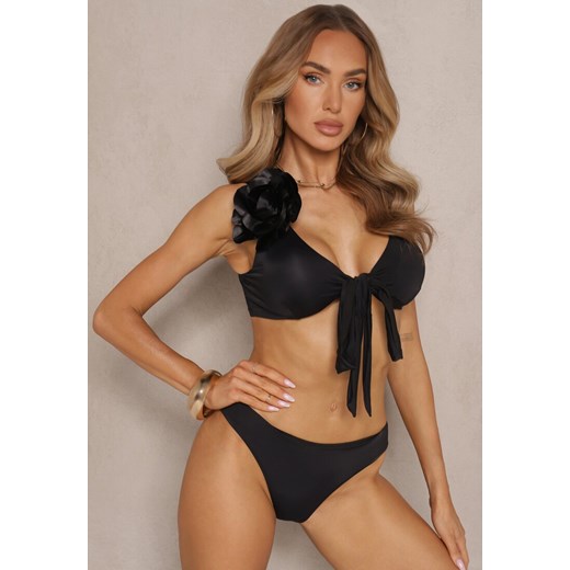 Czarne Bikini Majtki Figi Biustonosz z Broszką Kwiatu 3D i Siateczkowe Pareo Folissa ze sklepu renee.pl w kategorii Stroje kąpielowe - zdjęcie 179969696