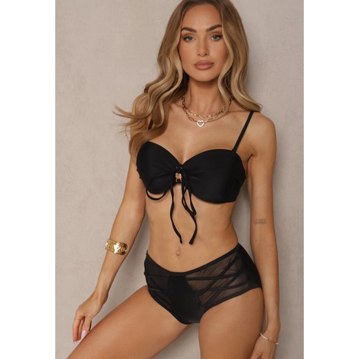 Czarne Bikini Biustonosz i Majtki Figi High Waist z Siateczkowymi Zdobieniami Kinovia ze sklepu renee.pl w kategorii Stroje kąpielowe - zdjęcie 179969778