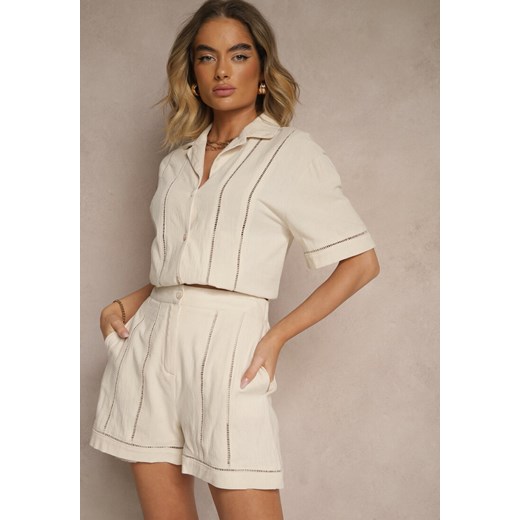 Beżowe Szorty z Bawełny High Waist Ozdobione Geometrycznym Wzorem Galessira ze sklepu renee.pl w kategorii Szorty - zdjęcie 179970436