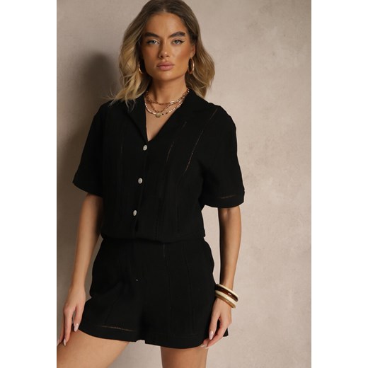 Czarne Szorty z Bawełny High Waist Ozdobione Geometrycznym Wzorem Galessira ze sklepu renee.pl w kategorii Szorty - zdjęcie 179970446