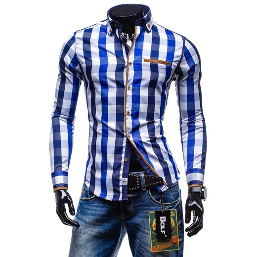 Koszula męska  BOLF 4746 granatowa - GRANATOWY denley-pl niebieski Koszule z długim rękawem męskie