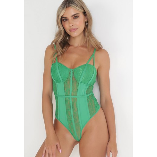Zielone Body Koronkowe z Cienkimi Ramiączkami Latia ze sklepu born2be.pl w kategorii Body damskie - zdjęcie 180000396