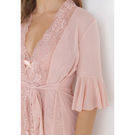 Różowy 3-częściowy Komplet Koszula Nocna Stringi i Szlafrok z Siateczki Maddila S/M wyprzedaż born2be.pl