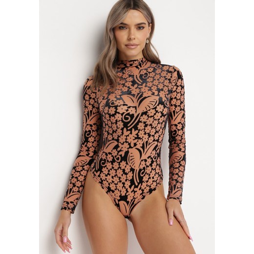 Beżowe Welurowe Body z Półgolfem w Ornamentalny Wzór Mackkes ze sklepu born2be.pl w kategorii Body damskie - zdjęcie 180016978