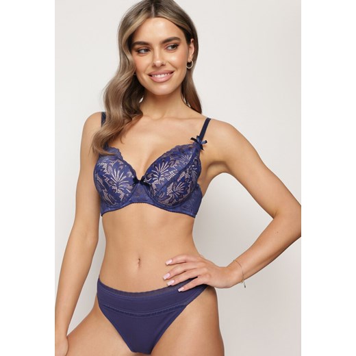 Granatowo-Beżowy Biustonosz Push-Up z kokardkami i Koronką Florapisa 85B wyprzedaż born2be.pl