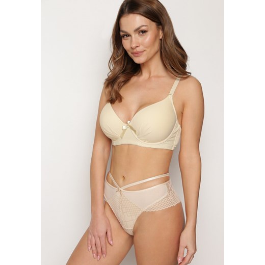 Beżowy Klasyczny Biustonosz z Kokardką i Regulowanymi Ramiączkami Hakkima 95DD wyprzedaż born2be.pl