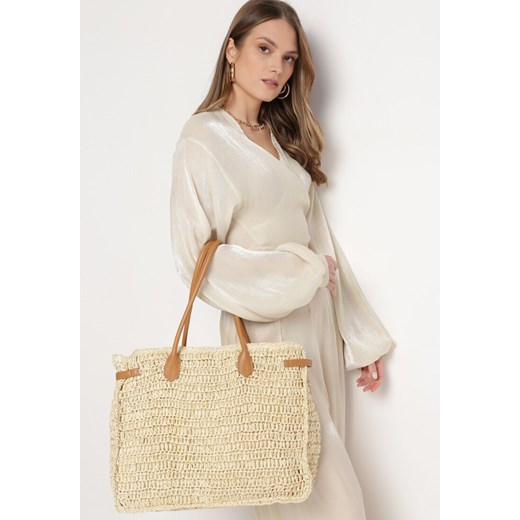 Jasnobeżowa Duża Torebka Tote Plażowa z Plecionki w Stylu Boho Delmirra ze sklepu born2be.pl w kategorii Torby letnie - zdjęcie 180046948