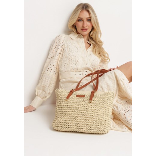 Jasnobeżowa Torebka Shopper z Plecionki z Rączkami z Ekoskóry Buxara ze sklepu born2be.pl w kategorii Torby letnie - zdjęcie 180047786