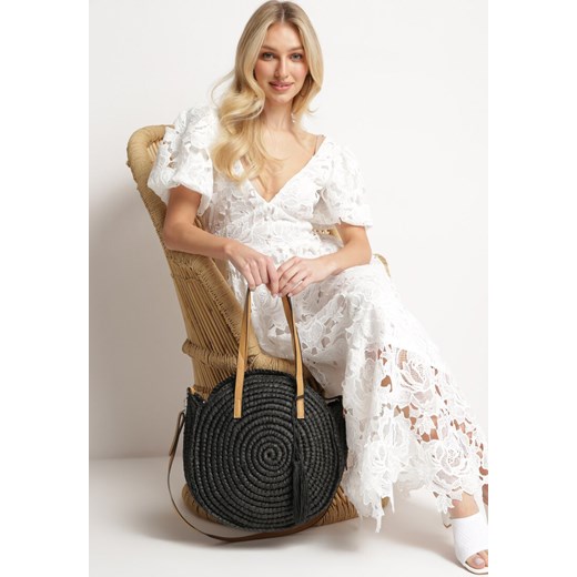Czarna Okrągła Torebka Typu Shopper z Plecionki z Dodatkowym Paskiem Enirta ze sklepu born2be.pl w kategorii Torby letnie - zdjęcie 180047796