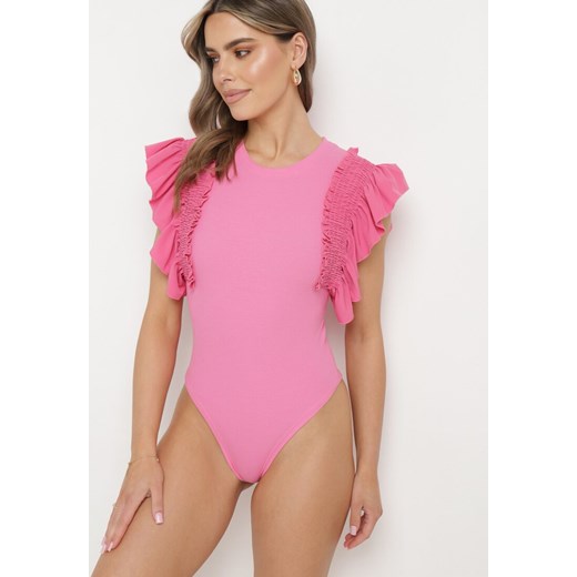 Fuksjowe Bawełniane Body z Rękawami z Falbanek Zapinane na Napy Gilines ze sklepu born2be.pl w kategorii Body damskie - zdjęcie 180052857
