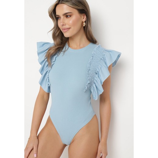 Niebieskie Bawełniane Body z Rękawami z Falbanek Zapinane na Napy Gilines ze sklepu born2be.pl w kategorii Body damskie - zdjęcie 180052867