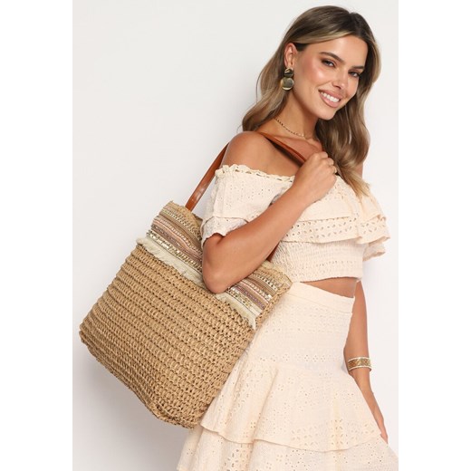 Brązowa Torebka Shopperka Wykończona Plecionką i Frędzlami w Stylu Boho Rivaniane ze sklepu born2be.pl w kategorii Torby letnie - zdjęcie 180081765
