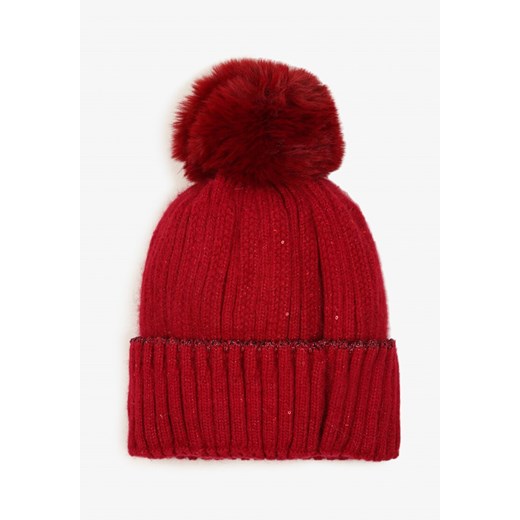 Bordowa Czapka w Stylu Beanie z Pomponem i Metaliczną Nicią Medelia ze sklepu born2be.pl w kategorii Czapki zimowe damskie - zdjęcie 180114386