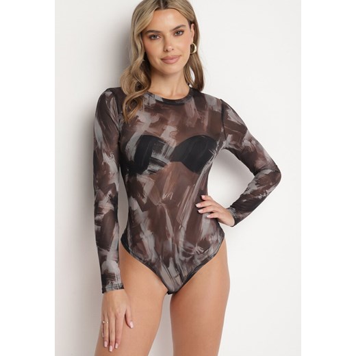 Brązowe Dopasowane Body Longsleeve z Siateczkowego Materiału z Wiskozą Listaria ze sklepu born2be.pl w kategorii Body damskie - zdjęcie 180114965