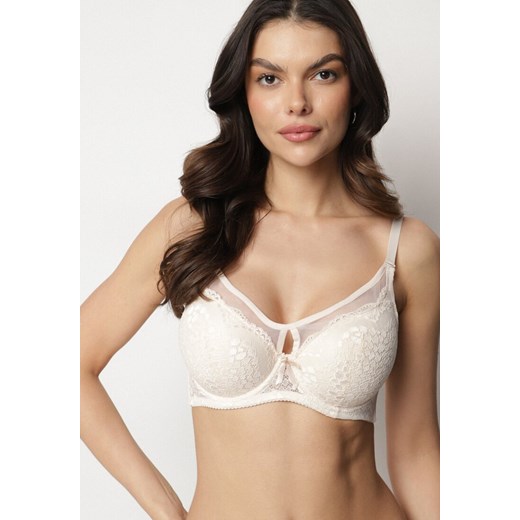 Beżowy Biustonosz Full Cup z Ozdobną Koronką Sovgis ze sklepu born2be.pl w kategorii Biustonosze - zdjęcie 180132276