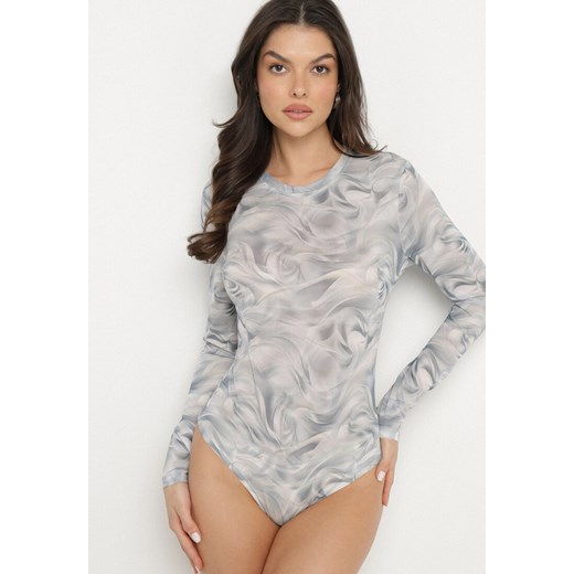 Szare Transparentne Body z Wiskozą w Abstrakcyjny Wzór Zeliya ze sklepu born2be.pl w kategorii Body damskie - zdjęcie 180146617
