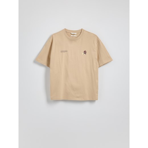 Reserved - T-shirt boxy z nadrukiem - beżowy Reserved S Reserved