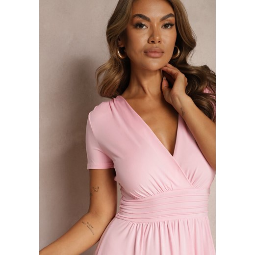 Różowa Sukienka Taliowana z Kopertowym Dekoltem o Rozkloszowanym Kroju Rimadea Renee M okazja renee.pl