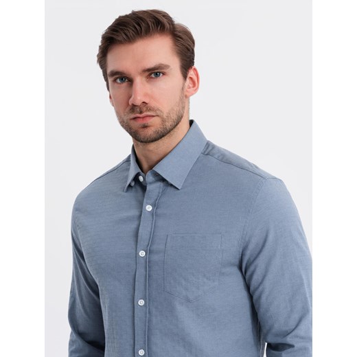 Męska koszula SLIM FIT z ozdobnej tkaniny z kieszonką – niebieska V1 OM-SHCS-0174 ze sklepu ombre w kategorii Koszule męskie - zdjęcie 180170877