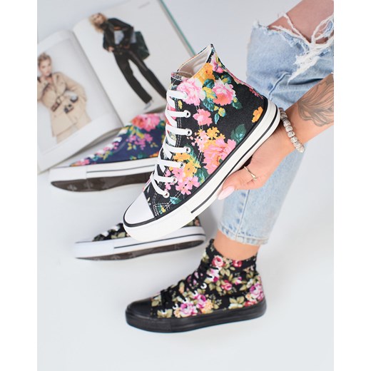 Royalfashion Wysokie grafitowe trampki damskie z nadrukiem w kolorowe kwiaty Fahenna ze sklepu royalfashion.pl w kategorii Trampki damskie - zdjęcie 180182086
