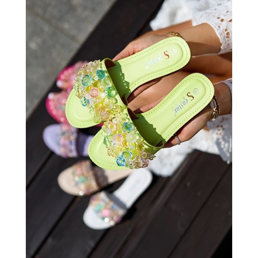 Royalfashion Neonowe zielone damskie klapki z kolorowymi kryształkami Bling Breeze ze sklepu royalfashion.pl w kategorii Klapki damskie - zdjęcie 180197329
