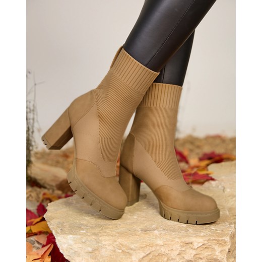 Royalfashion Damskie botki na wyższym obcasie w kolorze camel Flexi Booties ze sklepu royalfashion.pl w kategorii Botki - zdjęcie 180200058