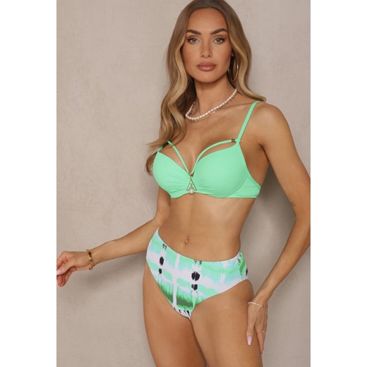 Ciemnozielone Bikini Majtki Figi i Biustonosz Push-Up Ozdobiony Paskami Wiobella ze sklepu renee.pl w kategorii Stroje kąpielowe - zdjęcie 180207075