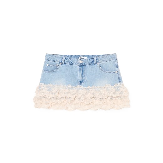 Cropp - Jeansowa spódniczka mini z koronką - niebieski Cropp XL Cropp
