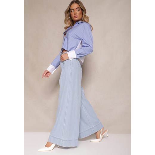 Jasnoniebieskie Szerokie Jeansy z Bawełny High Waist Cohna ze sklepu renee.pl w kategorii Jeansy damskie - zdjęcie 180211085