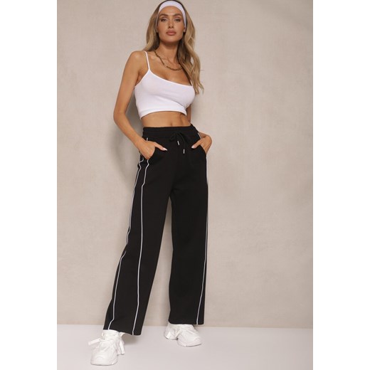 Czarne Spodnie Dresowe z Bawełną o Szerokim Kroju High Waist z Paskami Salliara ze sklepu renee.pl w kategorii Spodnie damskie - zdjęcie 180213726